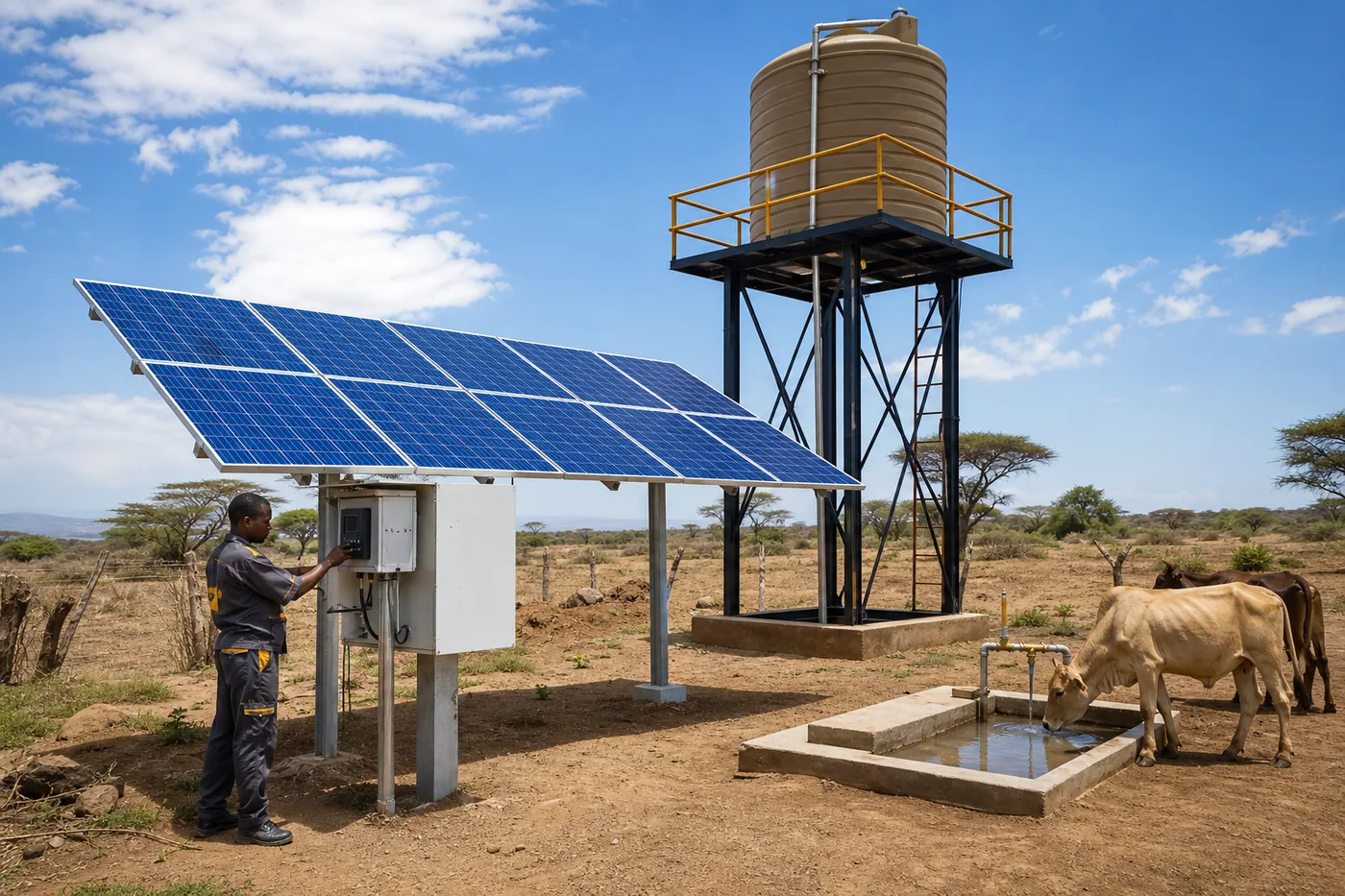Illustration of borehole pumping equipment and water storage
